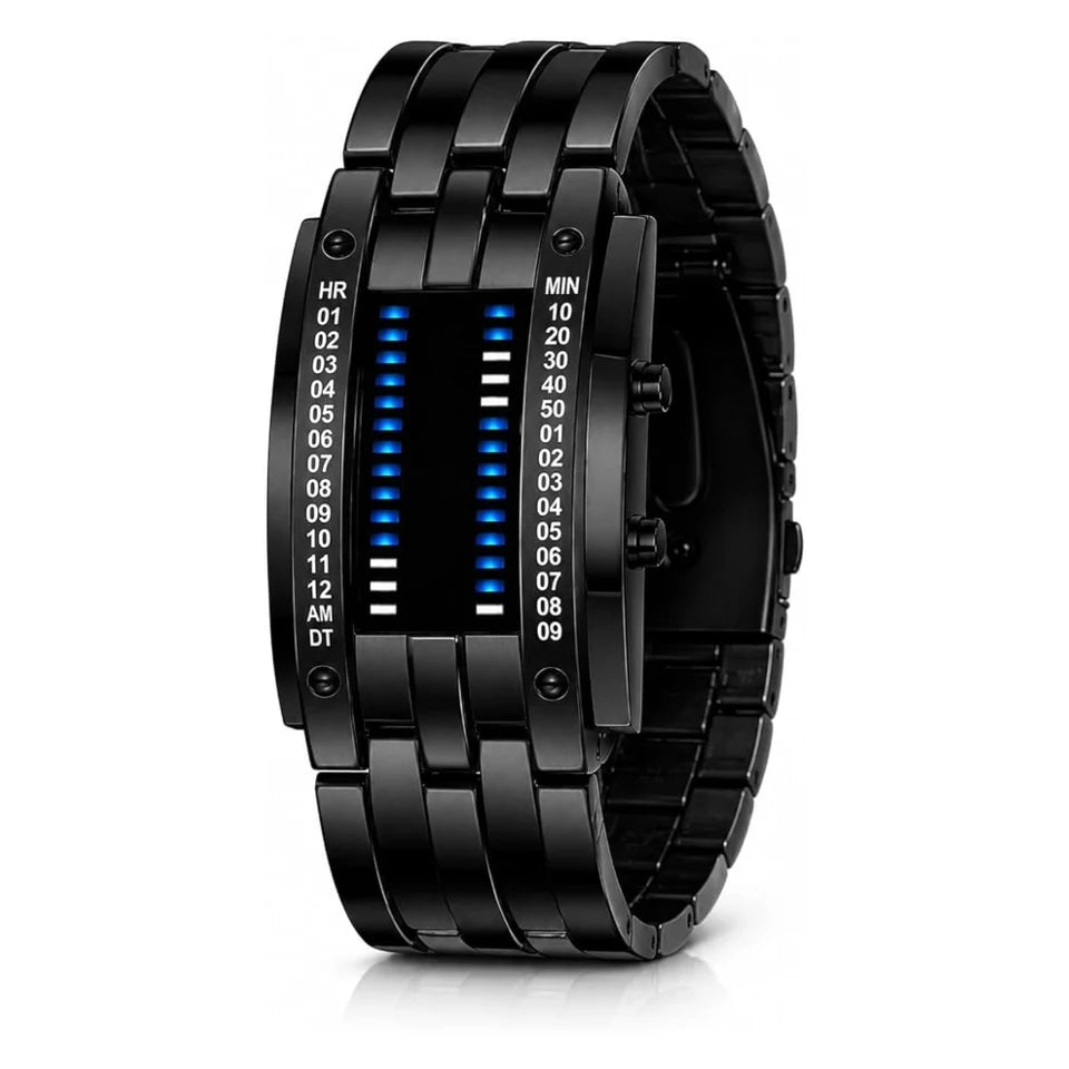 Reloj para Hombre LED, Binario, Pantalla Azul, Digital de Acero Inoxidable, Impermeable 30M, Multifunción, con Cierre de Broche Mariposa, Iluminación de Alta Intensidad (Negro). Bluelander