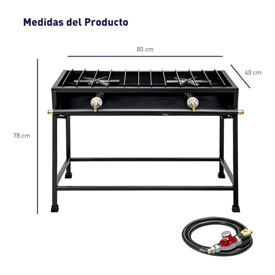 Parrilla de Gas con 2 Quemadores de Hierro Fundido