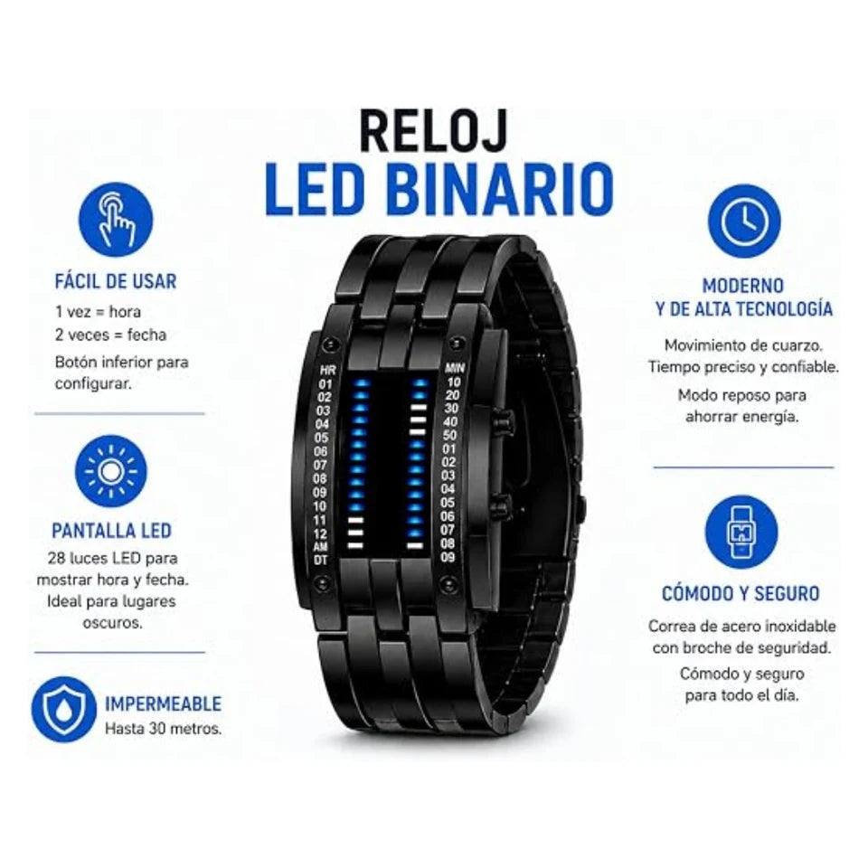 Reloj para Hombre LED, Binario, Pantalla Azul, Digital de Acero Inoxidable, Impermeable 30M, Multifunción, con Cierre de Broche Mariposa, Iluminación de Alta Intensidad (Negro). Bluelander