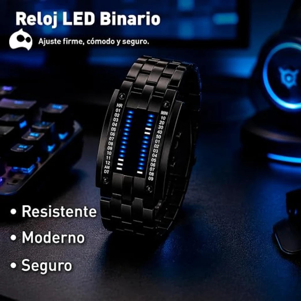 Reloj para Hombre LED, Binario, Pantalla Azul, Digital de Acero Inoxidable, Impermeable 30M, Multifunción, con Cierre de Broche Mariposa, Iluminación de Alta Intensidad (Negro). Bluelander
