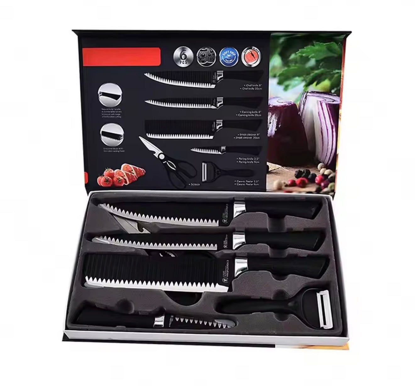 Set Profesional de Cuchillos 6 Piezas con Tijeras y Pelador – Acero al Carbono