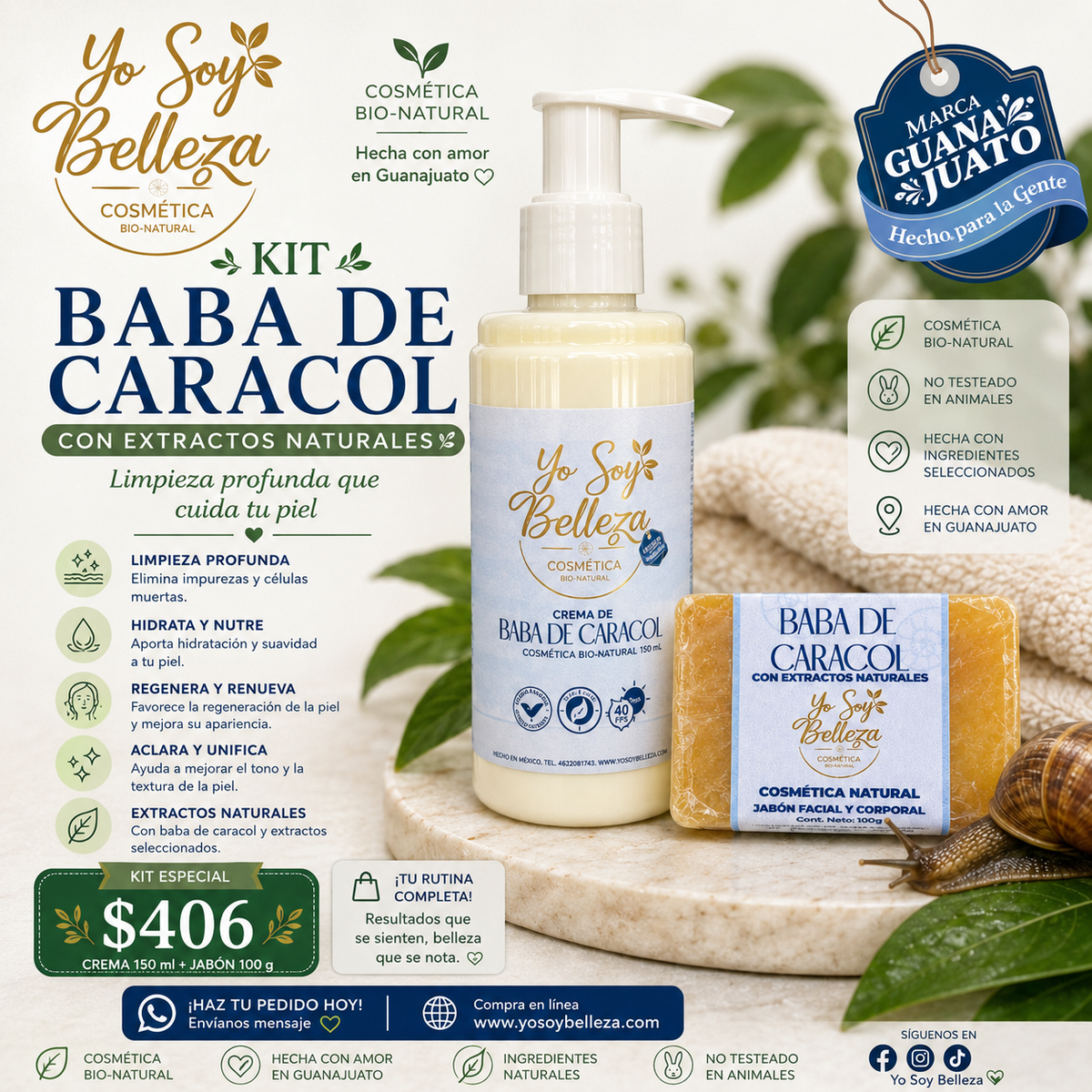 Kit Crema de Baba de Caracol + Jabón Anti Edad — Uso Día y Noche