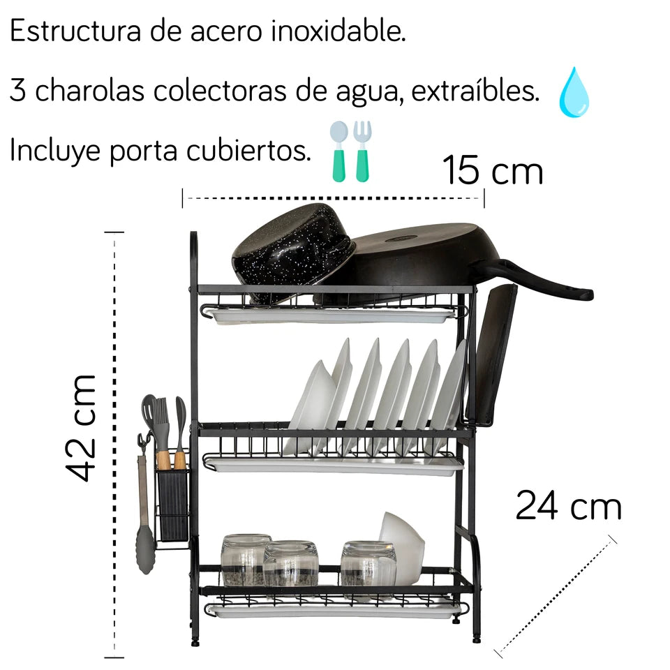 Escurridor de Platos de 3 Niveles con Organizador