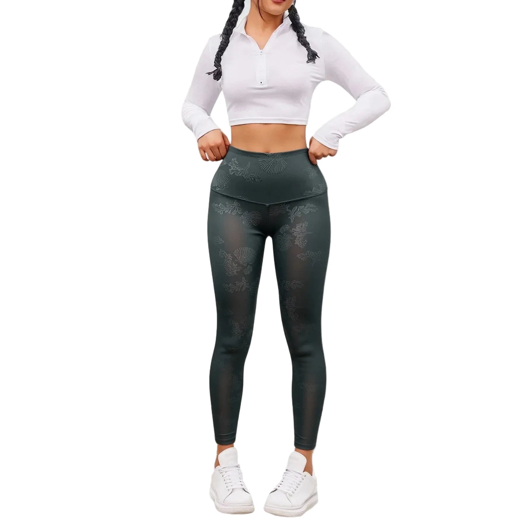 LJ H034-Grey High Waist Seamless Floral Leggings Breathable Nylon Spandex Tights Ruched Decoration Yoga Fitness Plus Size XXL