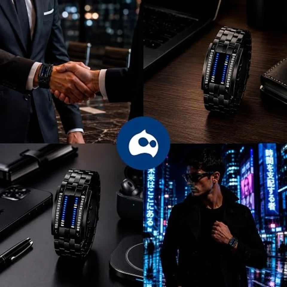 Reloj para Hombre LED, Binario, Pantalla Azul, Digital de Acero Inoxidable, Impermeable 30M, Multifunción, con Cierre de Broche Mariposa, Iluminación de Alta Intensidad (Negro). Bluelander