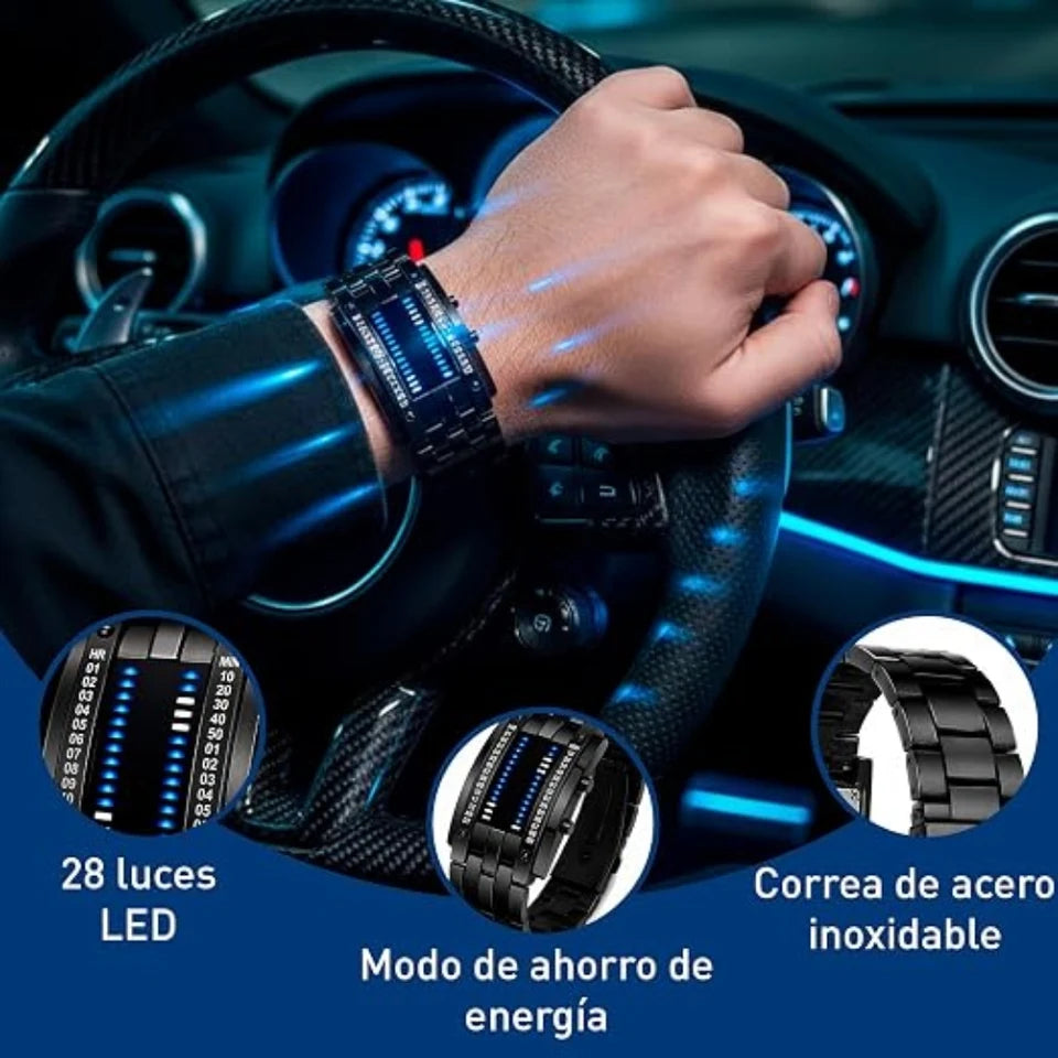 Reloj para Hombre LED, Binario, Pantalla Azul, Digital de Acero Inoxidable, Impermeable 30M, Multifunción, con Cierre de Broche Mariposa, Iluminación de Alta Intensidad (Negro). Bluelander