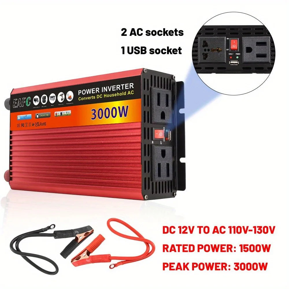 Adaptador convertidor de potencia de inversor de coche portátil de 3000W CC de 12V a CA 110V banco de energía de inversor Solar doméstico para camión automático al aire libre