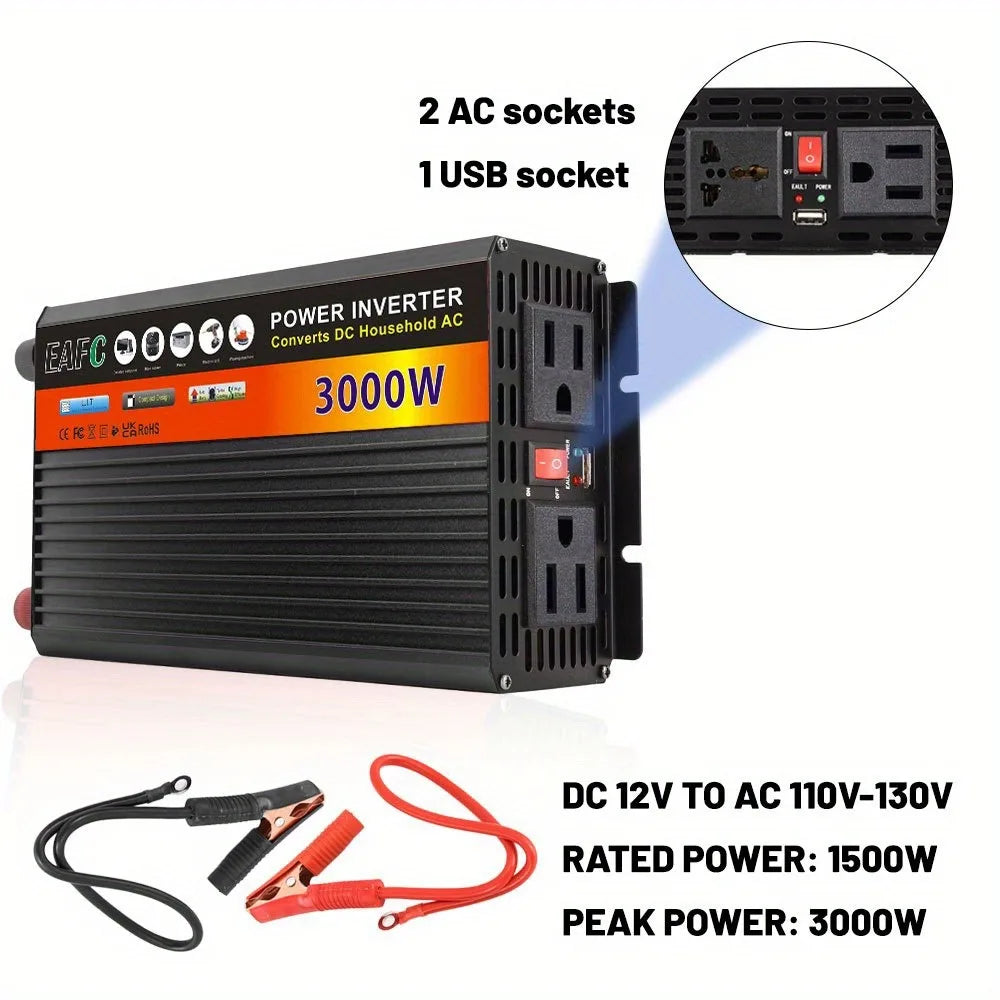 Adaptador convertidor de potencia de inversor de coche portátil de 3000W CC de 12V a CA 110V banco de energía de inversor Solar doméstico para camión automático al aire libre
