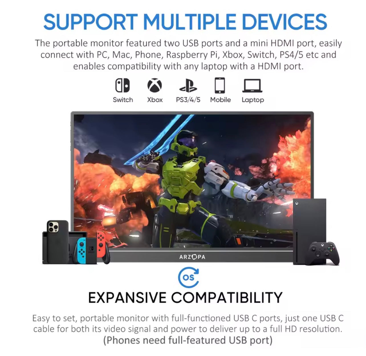 ARZOPA 16 pulgadas 2.5K Monitor Portátil,2560*1600,100% sRGB,16:10