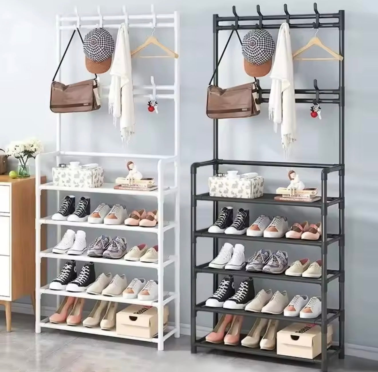 Zapatero Metálico 5 Niveles con Perchero y Ganchos – Organizador de Ropa y Calzado