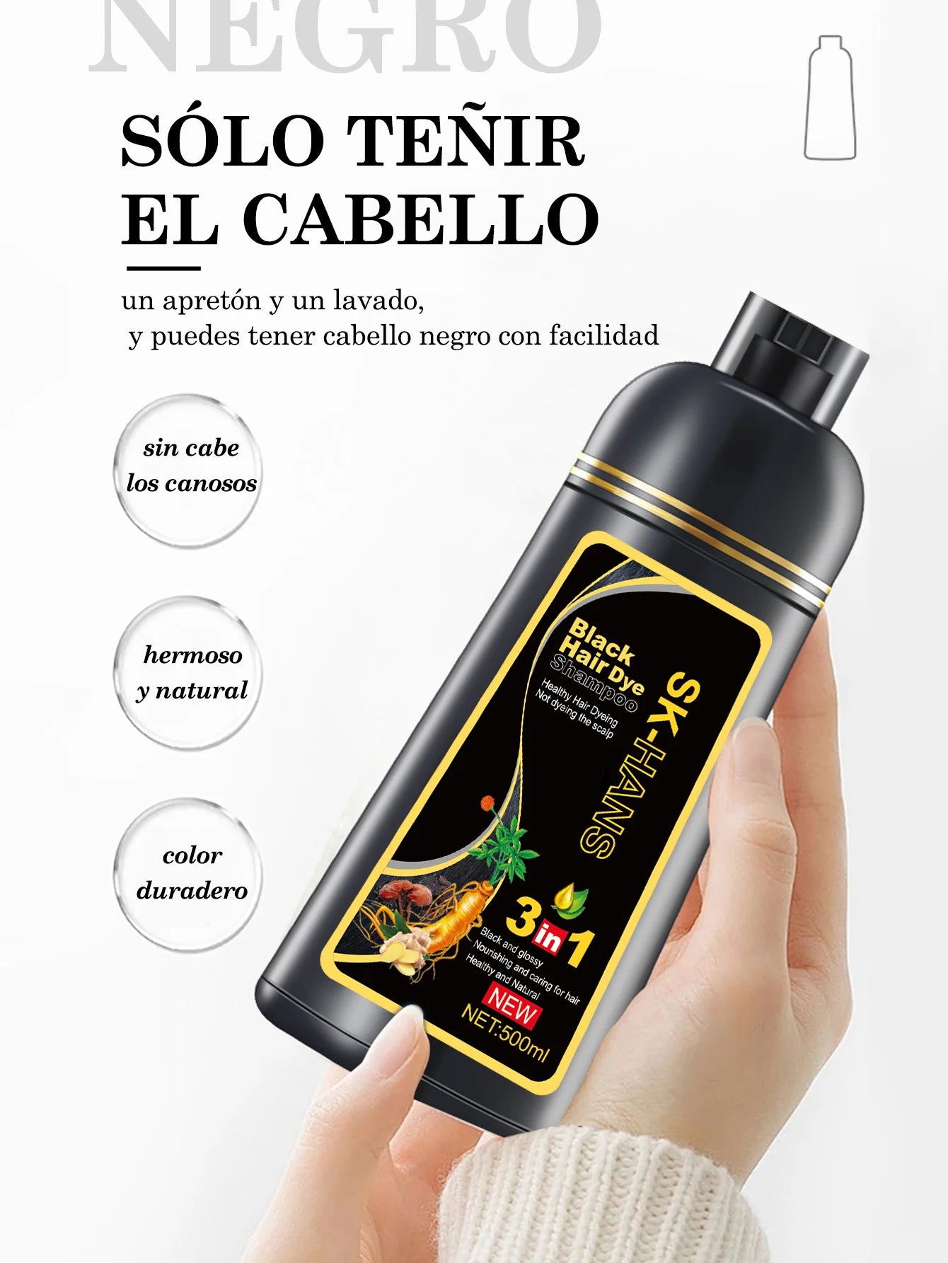 Shampoo para Teñir El Cabello Negro 3 en 1