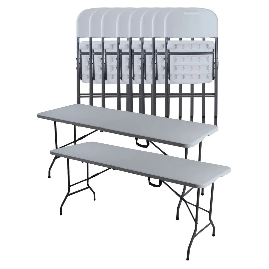 Combo 2 Mesas Plegables 180 cm y 8 Sillas Plegables Blancas