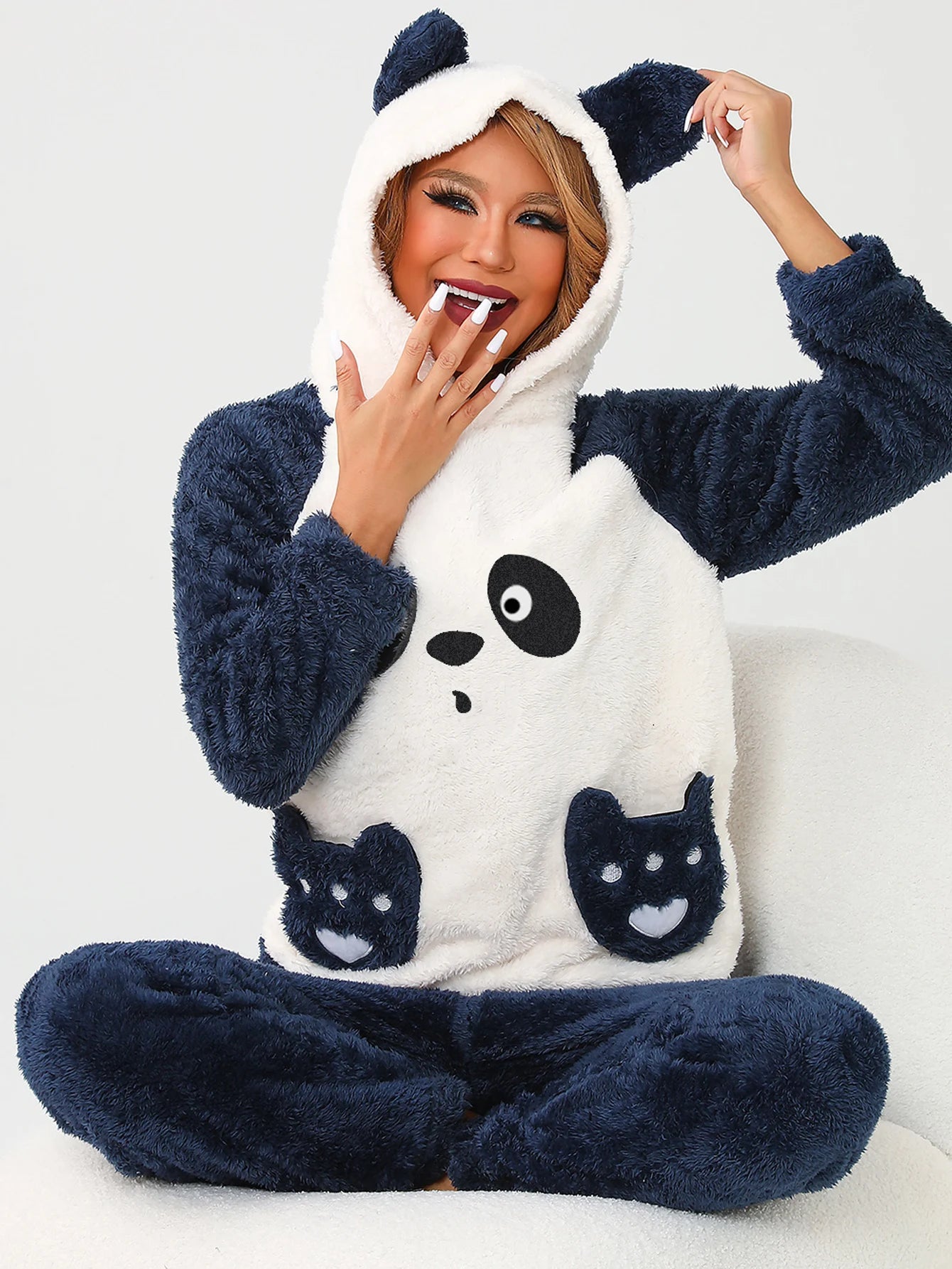 Conjunto Pijamas de nina Polar Dibujo Animado Con Capuch Con Forma de Panda