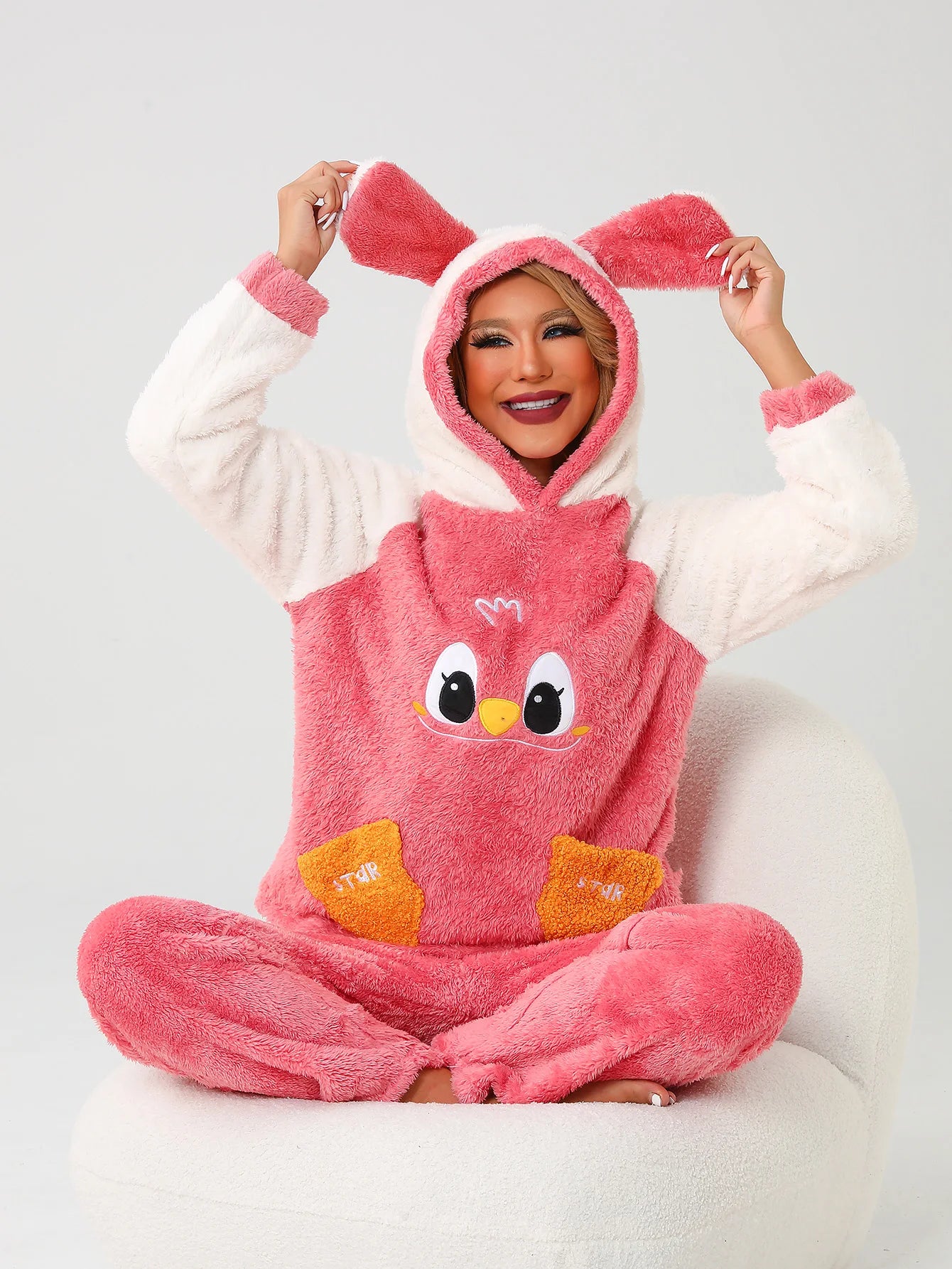 Conjunto Pijamas de nina Polar Dibujo Animado Con Capuch Con Forma de Panda