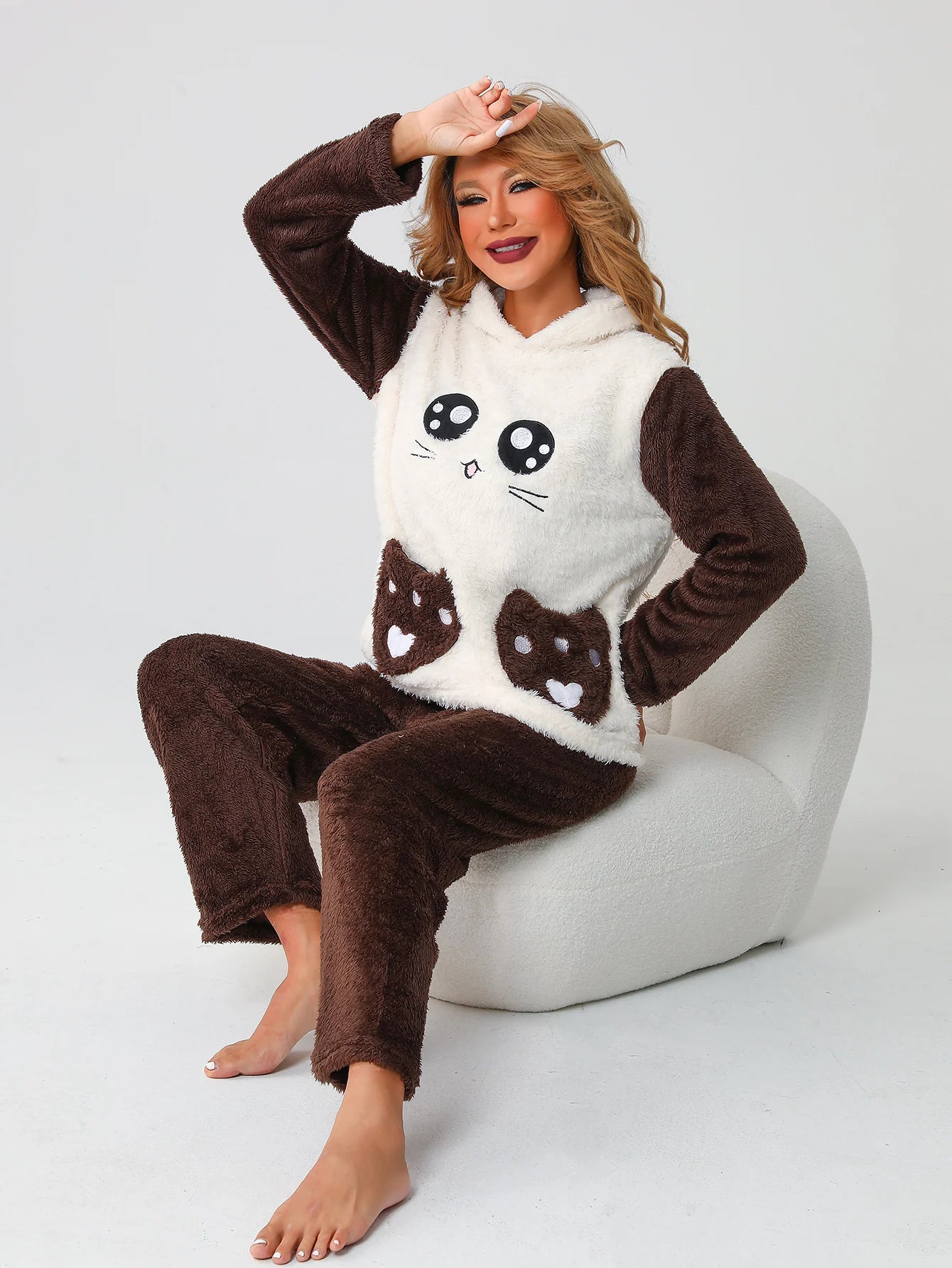 Conjunto Pijamas de nina Polar Dibujo Animado Con Capuch Con Forma de Panda