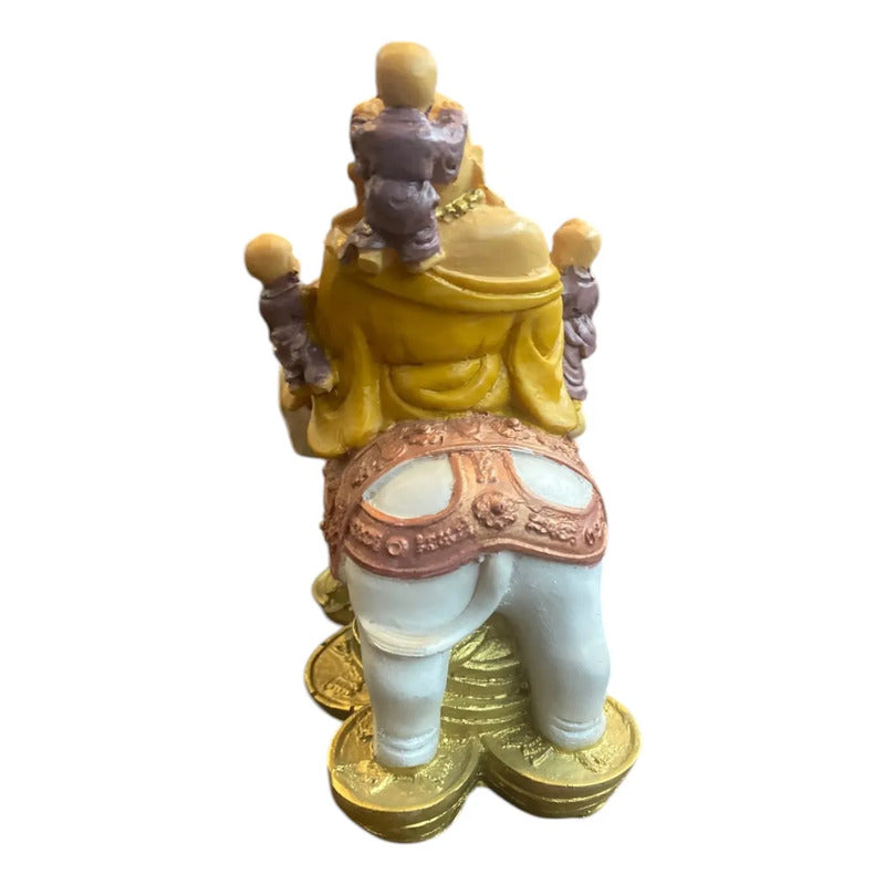 Buda Sonriente Con Elefante Y Monedas 15 Cm Blanco