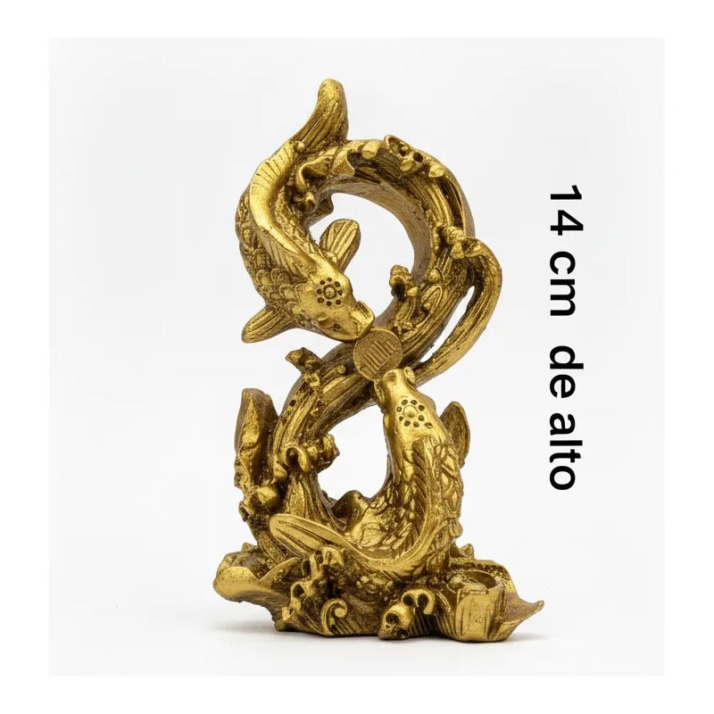 Figura Peces Koi Dorados Feng Shui 14cm Abundancia Dorado