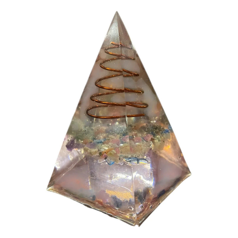 Pirámide De Orgonita 7cm Con Cuarzo Rosa Y Cobre Rosa Claro