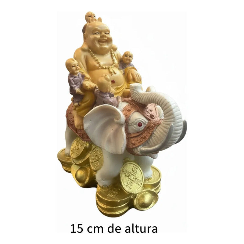 Buda Sonriente Con Elefante Y Monedas 15 Cm Blanco