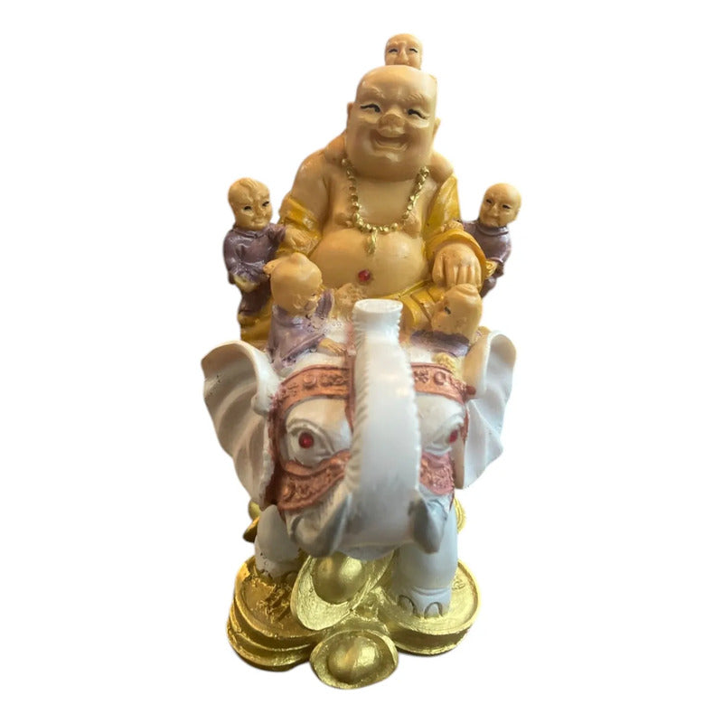Buda Sonriente Con Elefante Y Monedas 15 Cm Blanco
