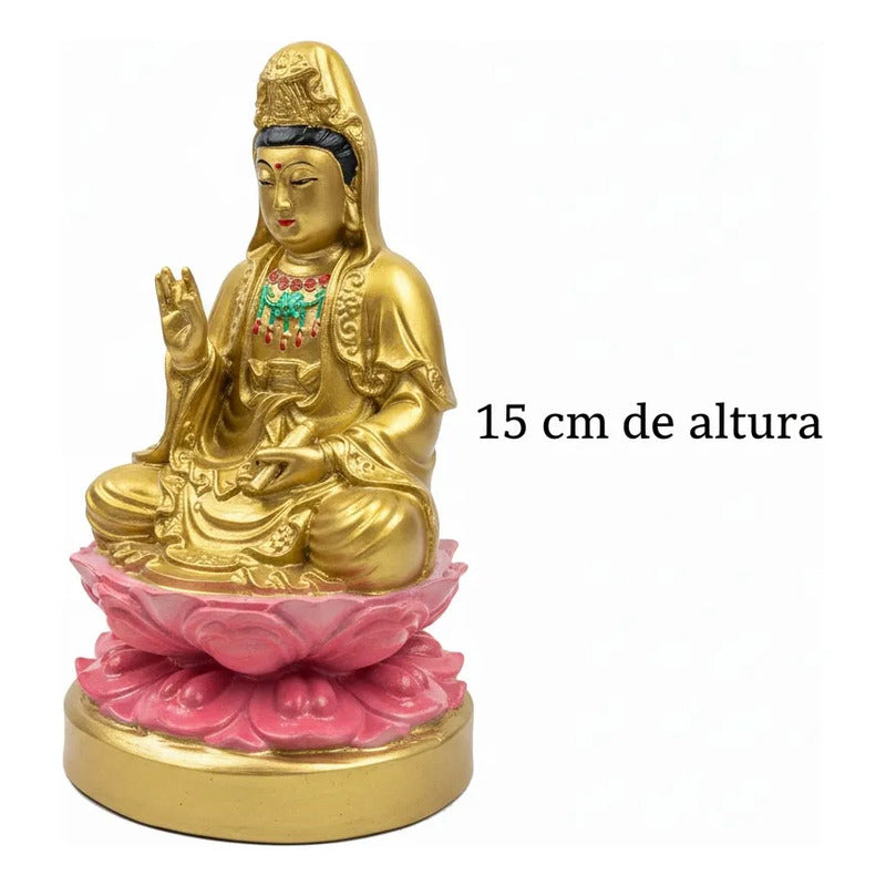 Figura Estatua Guan Yin Diosa Misericordia Loto Resina 15cm Dorado