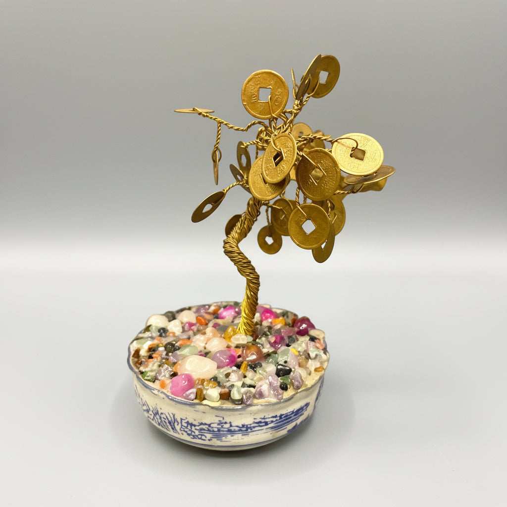 Arbol Monedas Cuarzo Bañado En Oro 15cm Nacional
