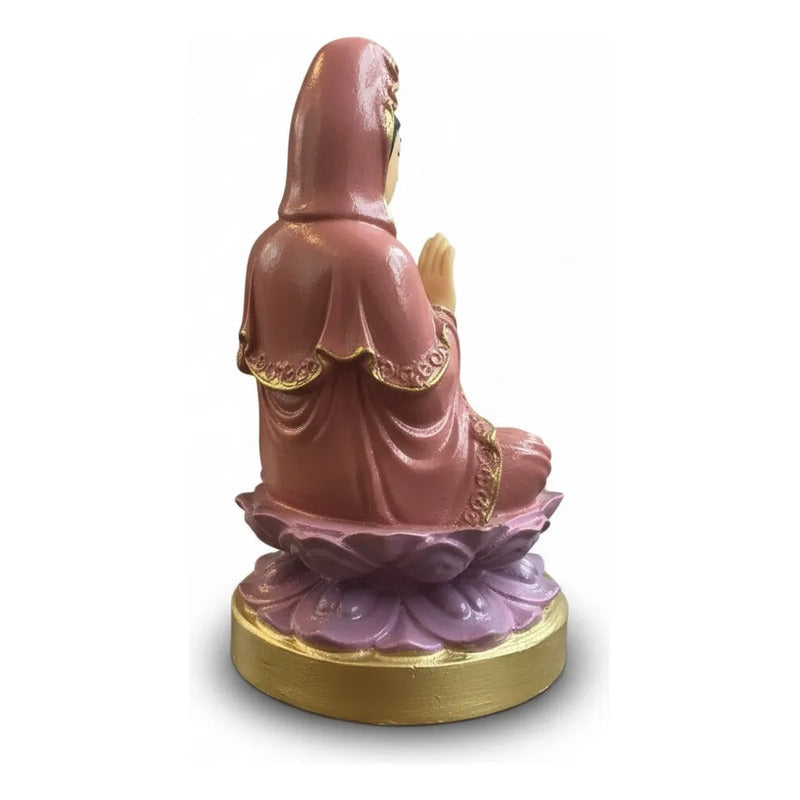 Figura Estatua Guan Yin Diosa Misericordia Loto Resina 15cm Rosa Pálido