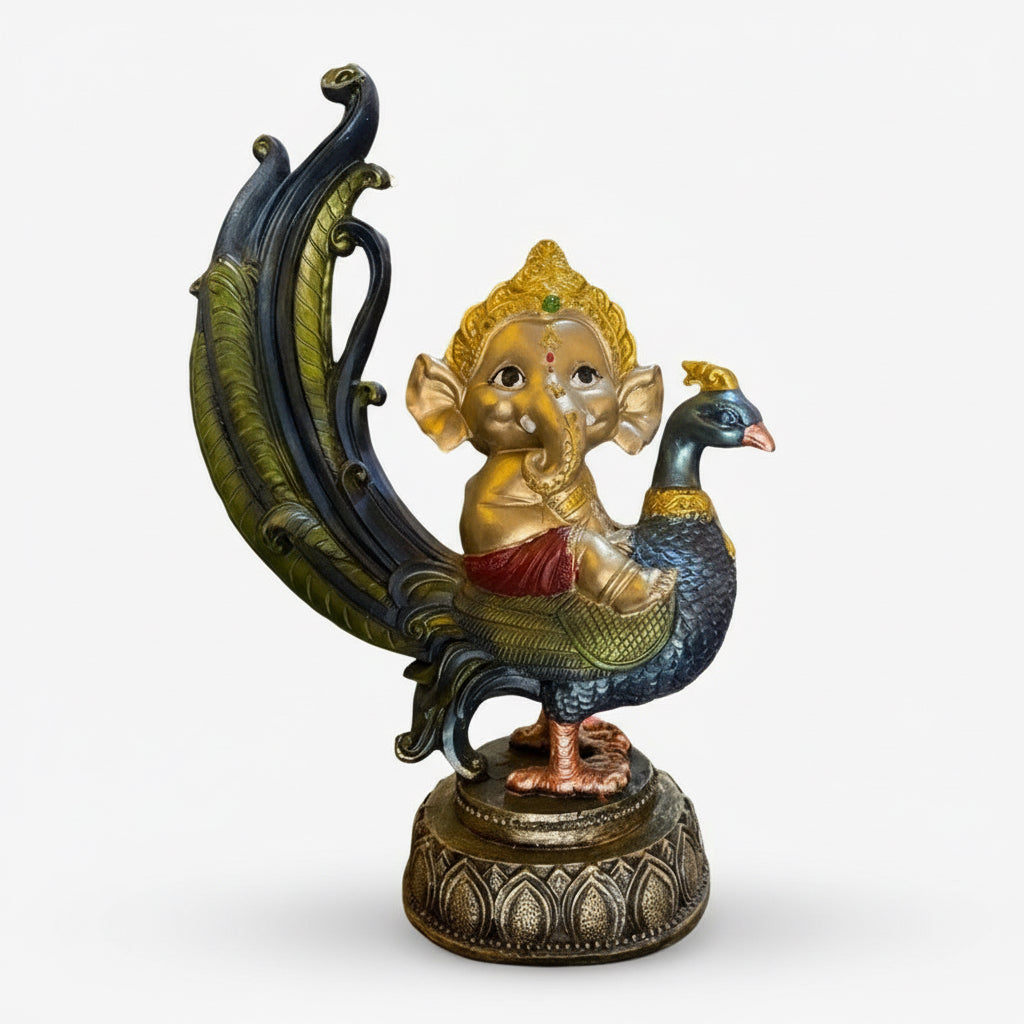 Ganesh Pavo Real Figura Resina  Prosperidad 24cm 3 Colores