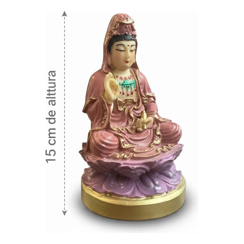 Figura Estatua Guan Yin Diosa Misericordia Loto Resina 15cm Rosa Pálido