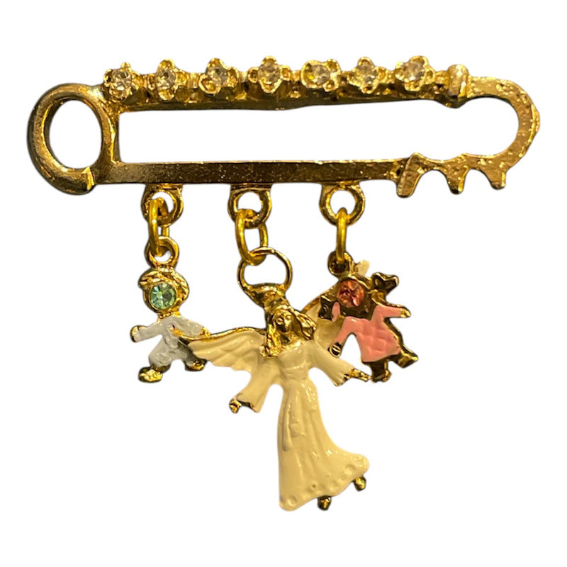 Angel De La Guarda Prendedor 7 Baños De Oro Con Cristal. Dorado Rosa Y Azul