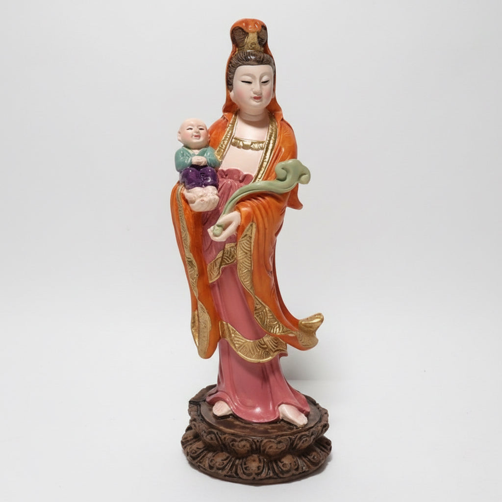 Kwan Yin  Diosa Amor Y Bendiciones Resina Artesanal.  Multicolor (naranja, Rosa, Dorado, Verde)