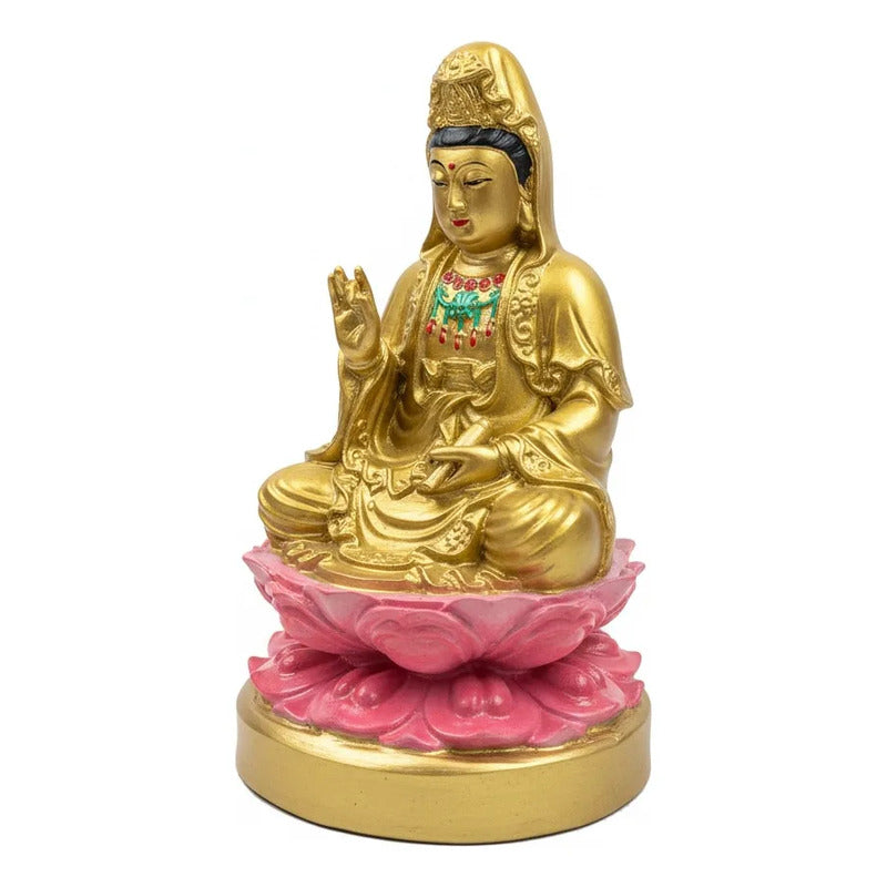 Figura Estatua Guan Yin Diosa Misericordia Loto Resina 15cm Dorado