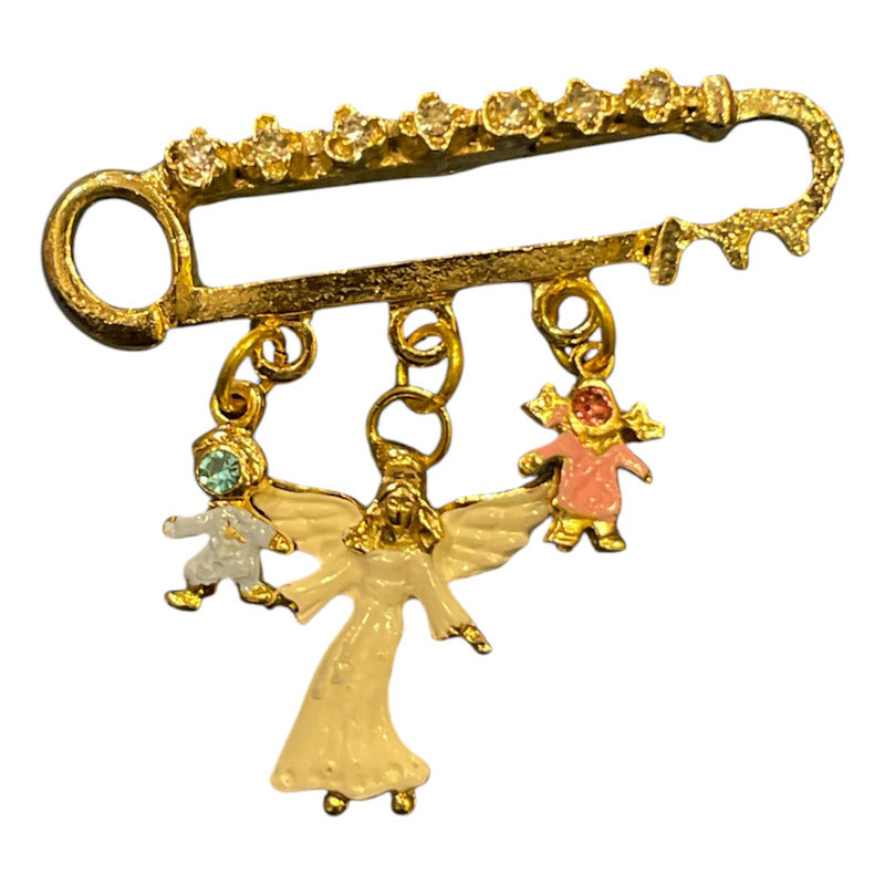 Angel De La Guarda Prendedor 7 Baños De Oro Con Cristal. Dorado Rosa Y Azul
