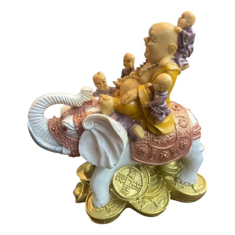 Buda Sonriente Con Elefante Y Monedas 15 Cm Blanco