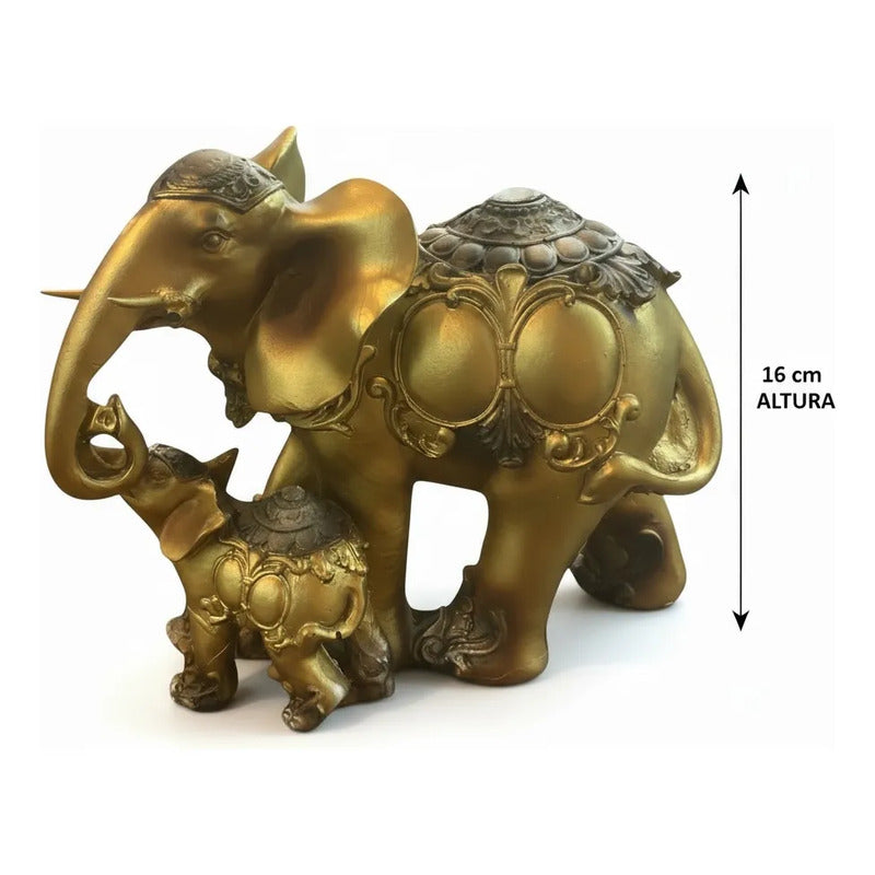 Figura Elefante De La Suerte Y Abundancia Mamá Y Cría 16cm Dorado