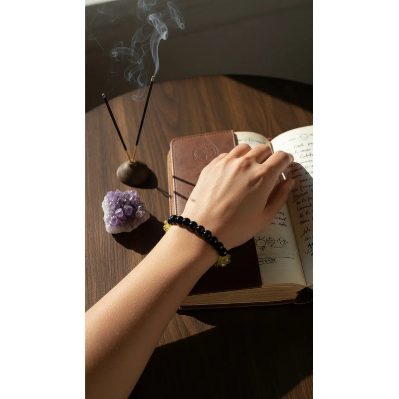 Pulsera De Citrino Natural Hereje Original. Amarillo Negro 17 Cm 18 Cm