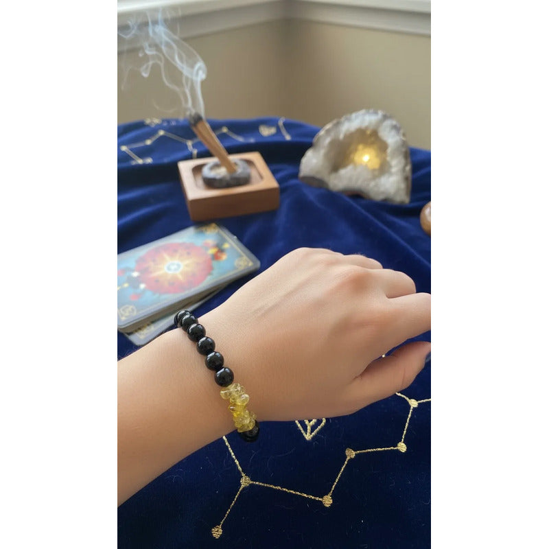 Pulsera De Citrino Natural Hereje Original. Amarillo Negro 17 Cm 18 Cm