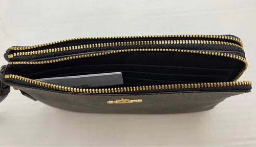 Coach Sig PVC Large Double Zip Wallet Brown Black