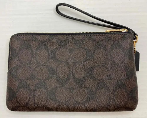 Coach Sig PVC Large Double Zip Wallet Brown Black