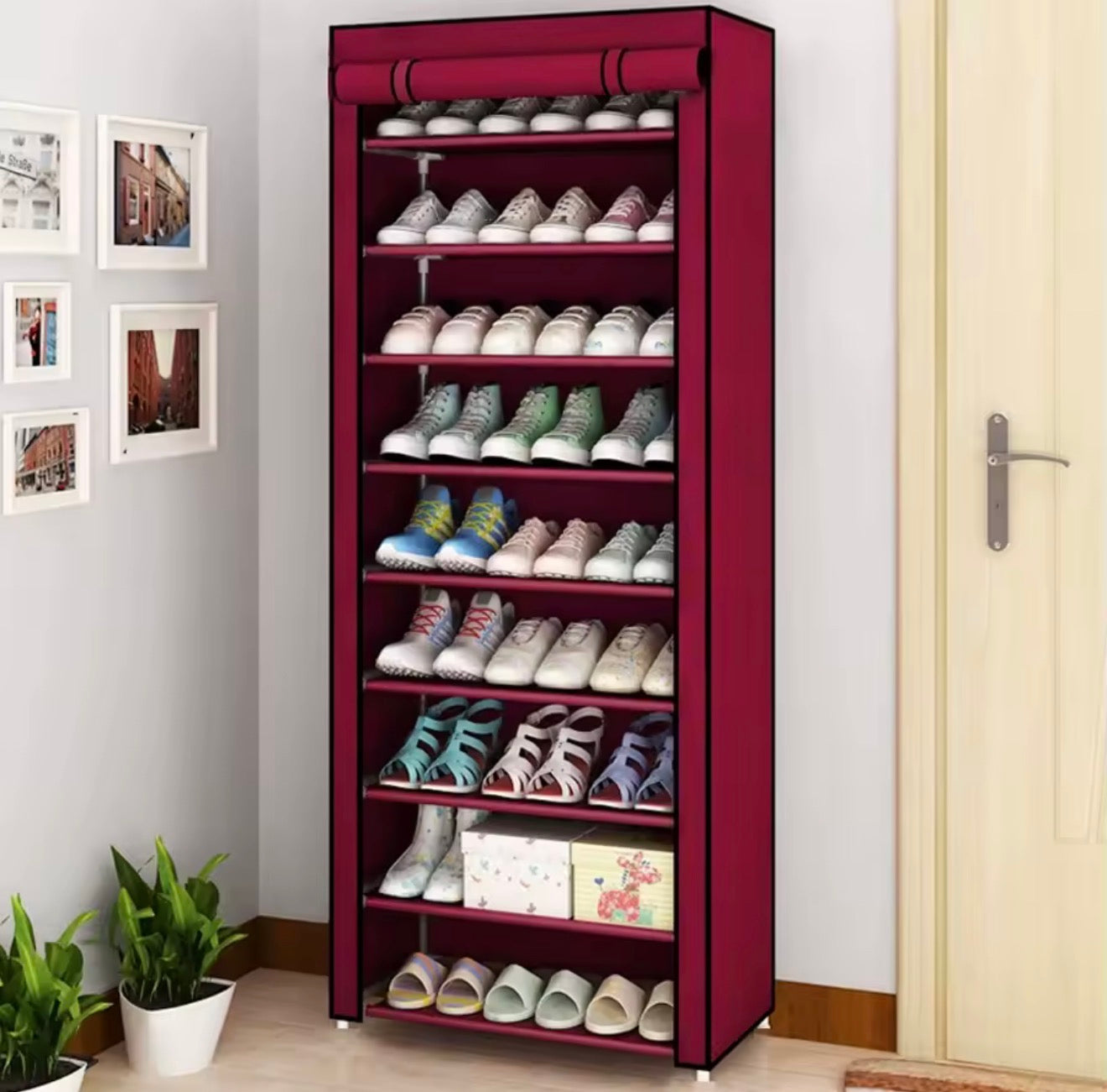 Zapatera con Cubierta de Tela 9 Niveles – Estructura de Acero, Organizador de Zapatos