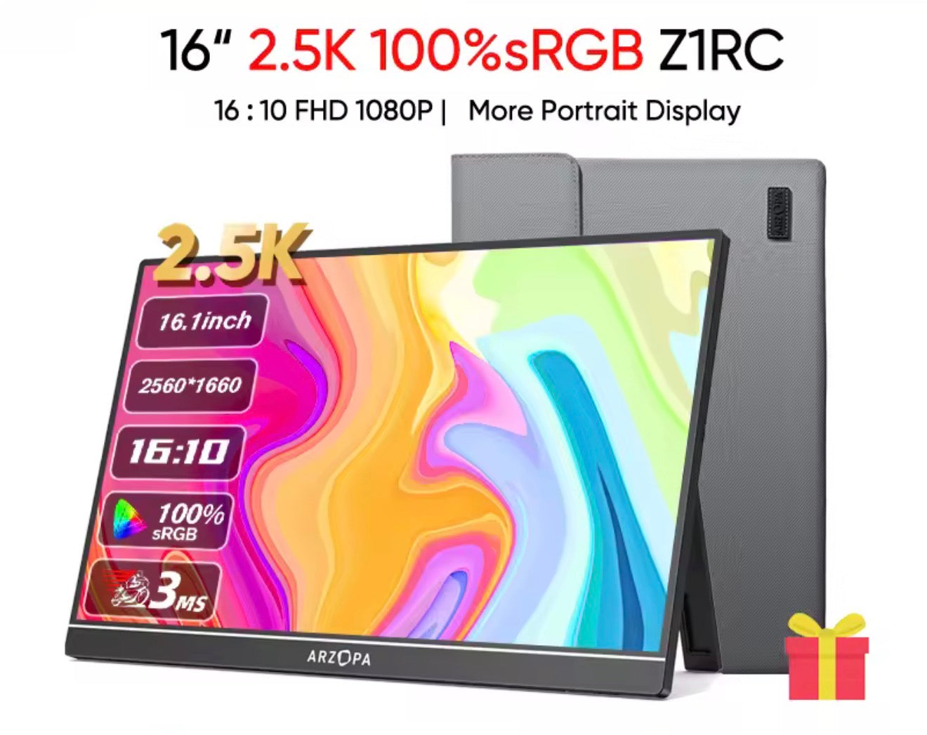 ARZOPA 16 pulgadas 2.5K Monitor Portátil,2560*1600,100% sRGB,16:10