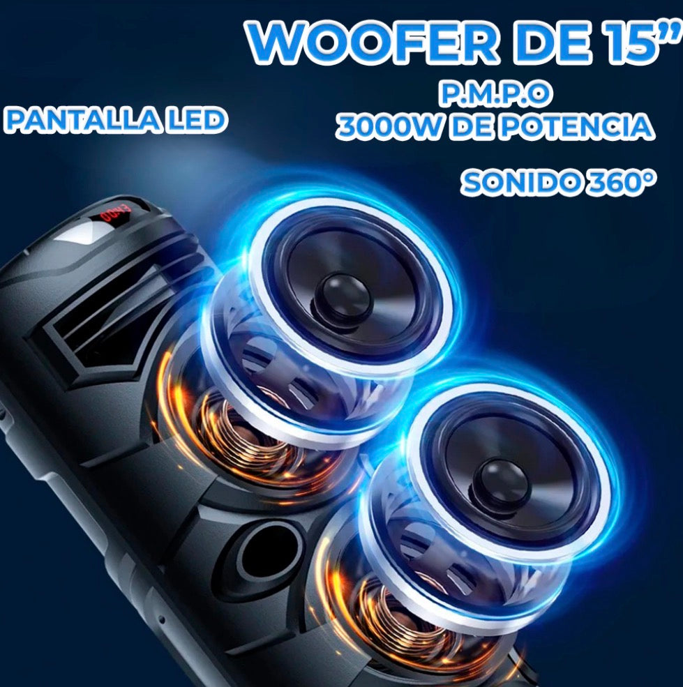 Bocina Bluetooth Triple de 15” 3000W con Micrófono Inalámbrico y Control