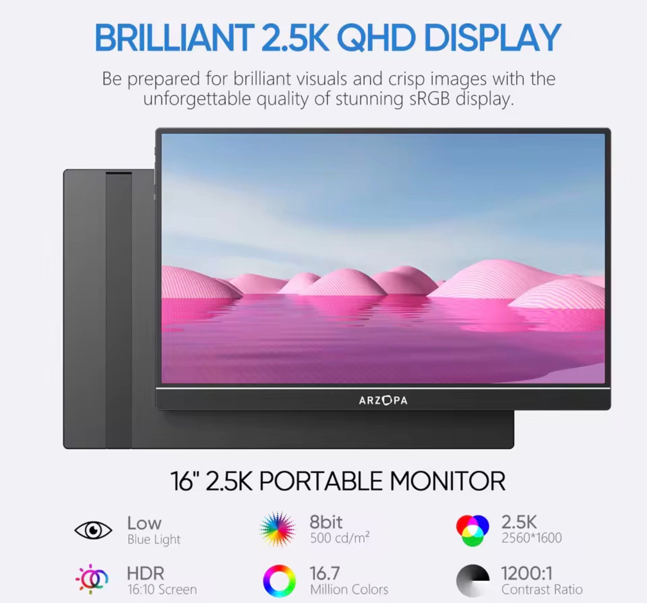ARZOPA 16 pulgadas 2.5K Monitor Portátil,2560*1600,100% sRGB,16:10