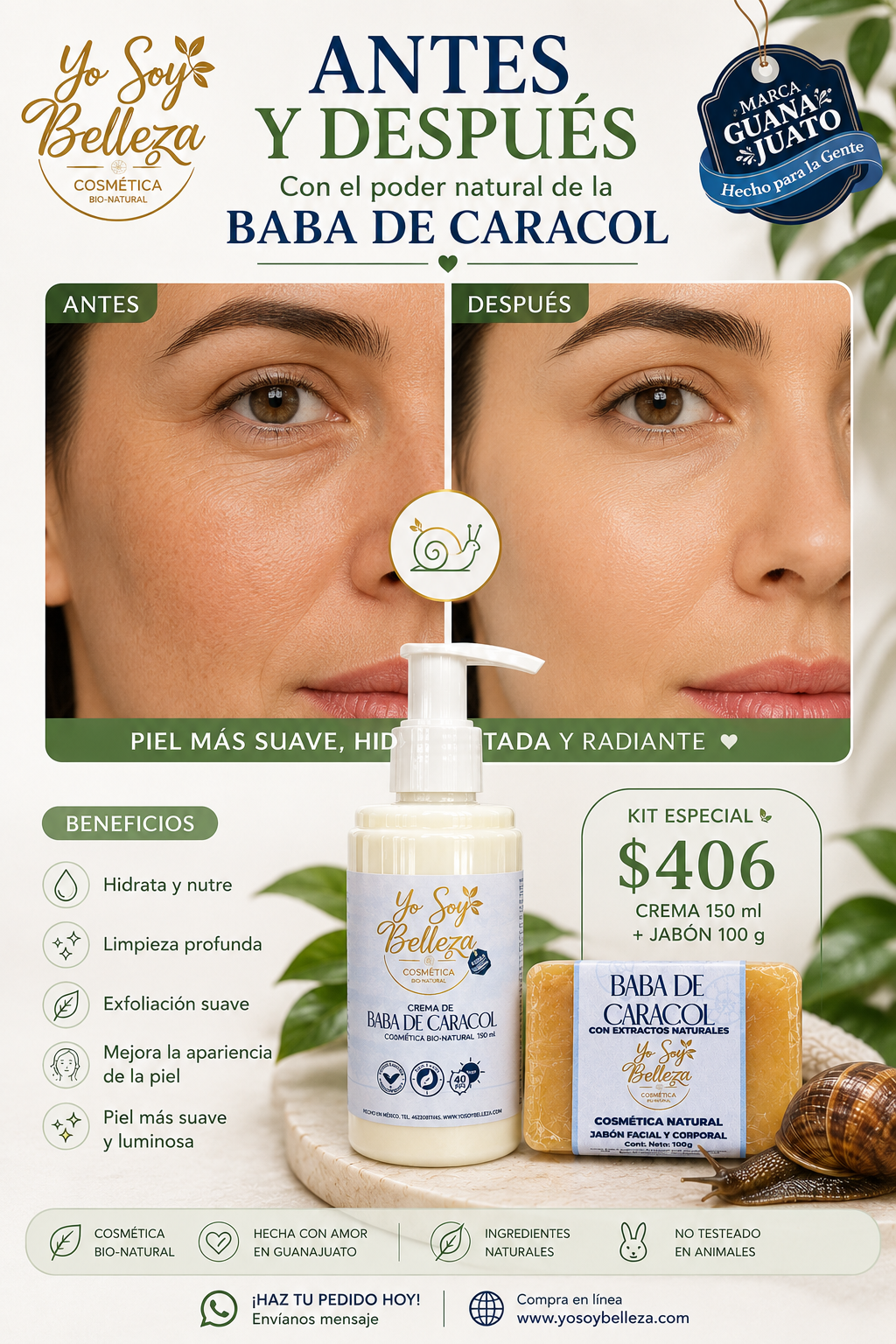 Kit Crema de Baba de Caracol + Jabón Anti Edad — Uso Día y Noche