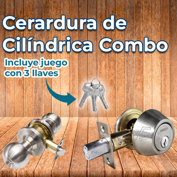 Combo De Chapa Y Cerrojo Cilíndrico En Acero Satinado