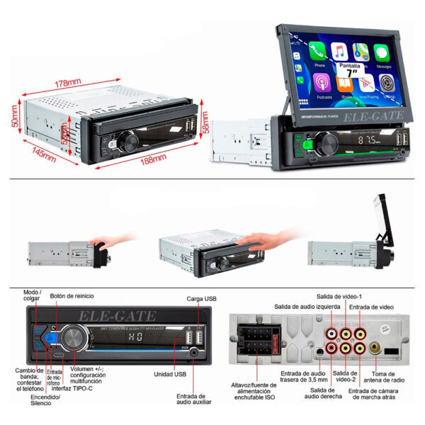 Autoestéreo 1Din Con Mirrorlink, Pantalla Táctil Retráctil Hd De 7 Pulgadas, Gps Y Soporte Multilingüe