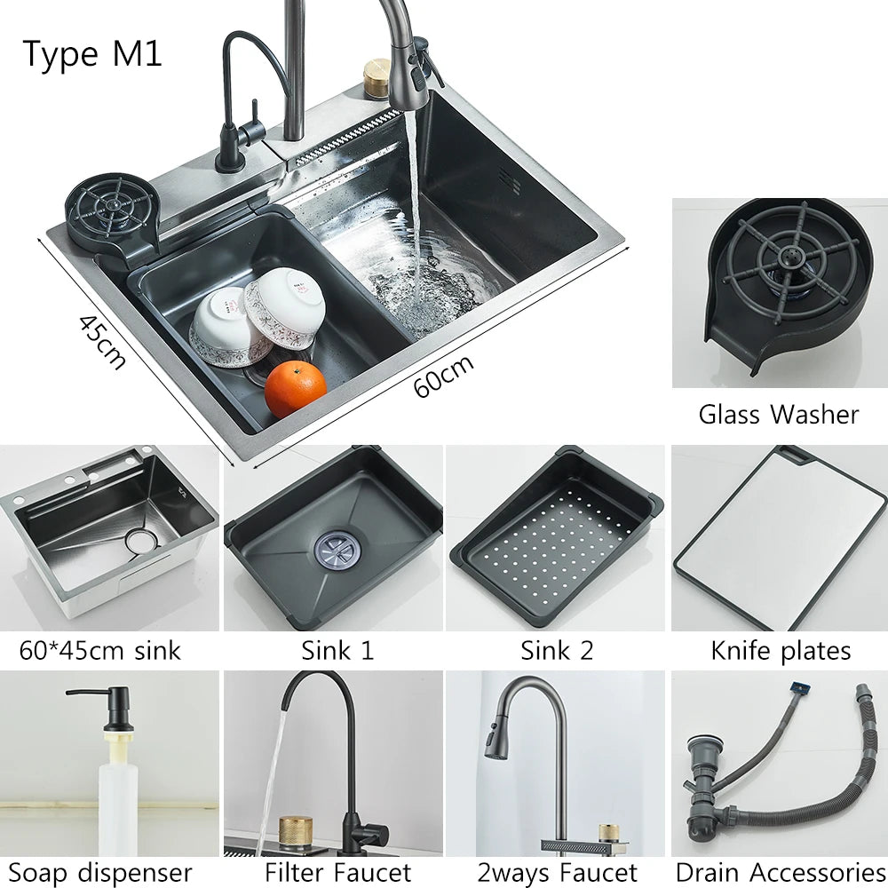Fregadero de cascada de cocina de acero inoxidable