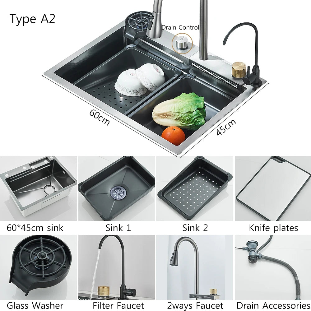 Fregadero de cascada de cocina de acero inoxidable