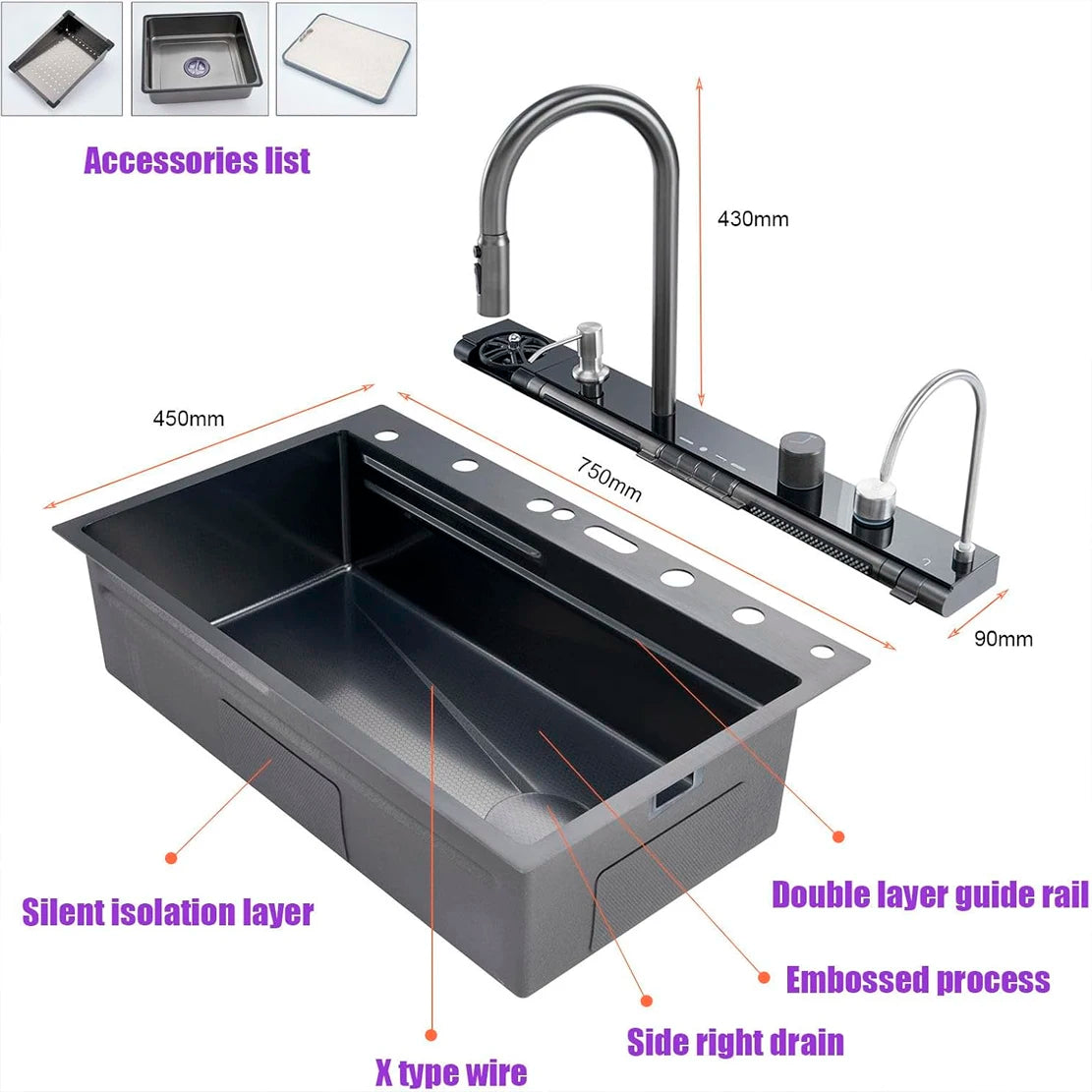Fregadero de cascada de cocina de acero inoxidable