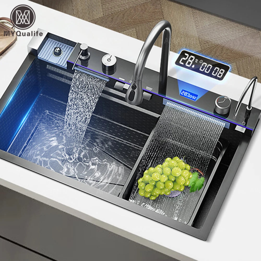 Fregadero de cocina de cascada de acero inoxidable